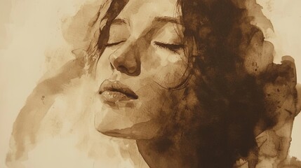 A captivating woman with closed eyes and soft features is depicted through gentle brush strokes in earthy watercolor shades, evoking tranquility and introspection
