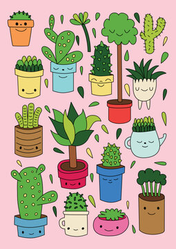 Charming Potted Succulent and Cactus Plants Collection Illustration