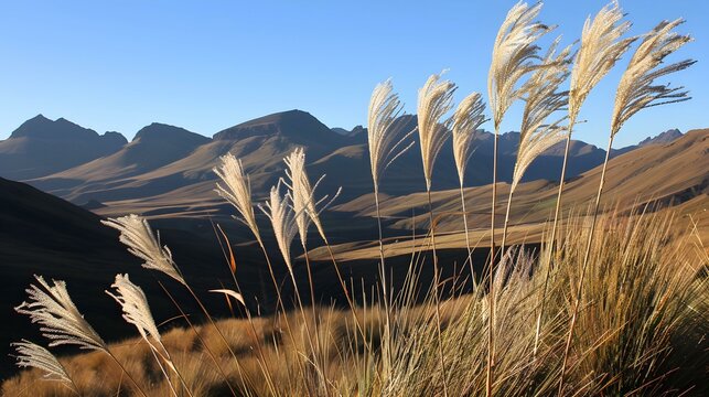 Andean landscape showcasing mountains, clear skies and ornamental grass.