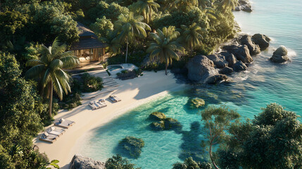 A secluded island retreat featuring a stretch of white sand curving around a crystal-clear lagoon, framed by gracefully arching palm trees