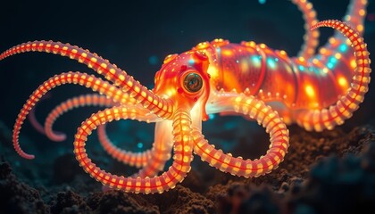Obraz premium Luminous Cephalopod with Illuminated Tentacles, Glowing in the Deep Ocean Abyss