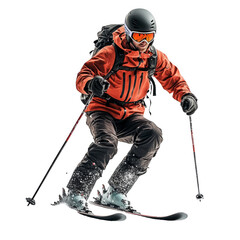 Skier in full gear, stands on skis, athletic style