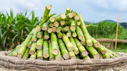 Harvested sugarcane stalks bundled in a rustic woven container, set against a backdrop of lush green sugarcane fields.