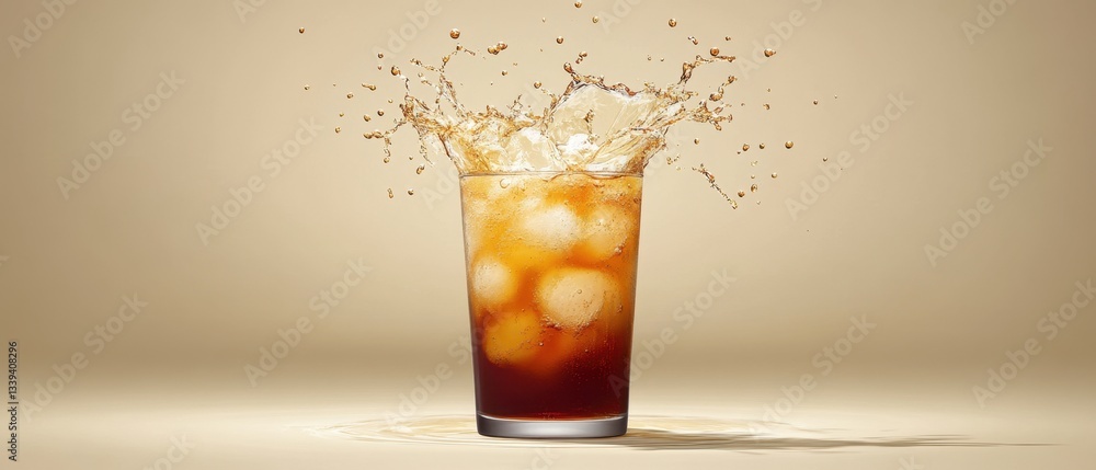 Poster refreshing cola drink with ice cubes splashing in a glass on a beige background creating a dynamic a