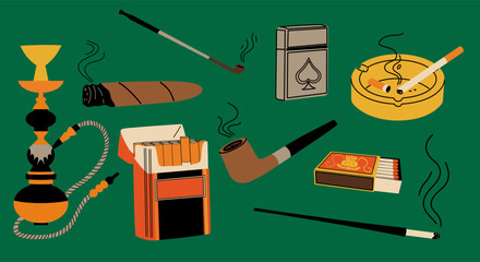 Accessories for smoking. A pack of cigarettes, a lighter, a cigar.