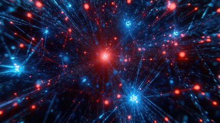 Fototapeta premium D rendering of glowing data points and lines connecting to form a digital network. A dynamic, futuristic technology scene. Copy space.