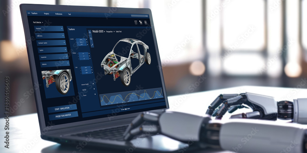 Poster electric car design software on computer screen showing simulation blueprint brisk by digital calcul