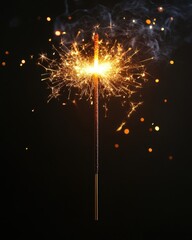 Captivating sparkler emitting radiant golden light on a dark background creating a festive and celebratory mood with a vertical composition and intimate camera angle