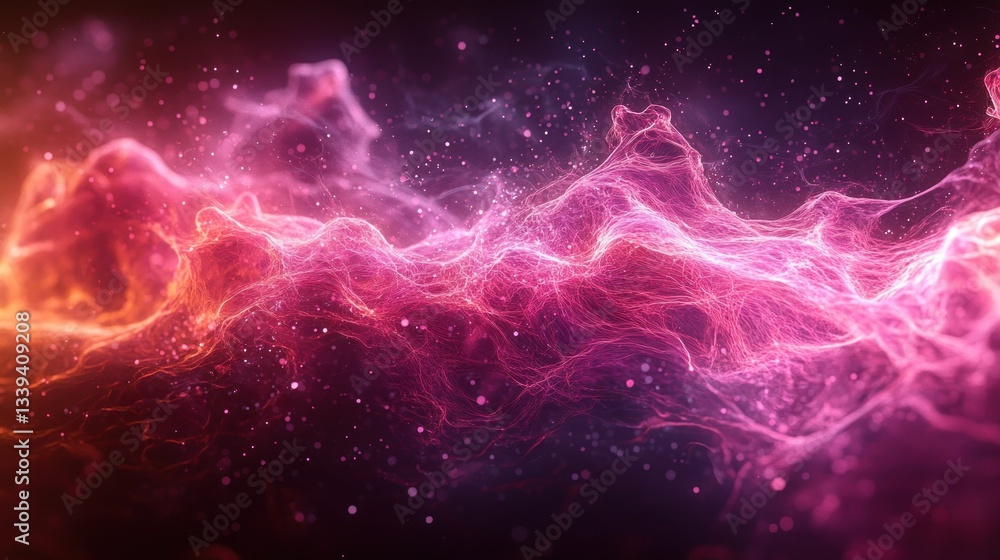Poster abstract energy waves in vibrant pink and orange hues, creating a dynamic and ethereal effect. parti