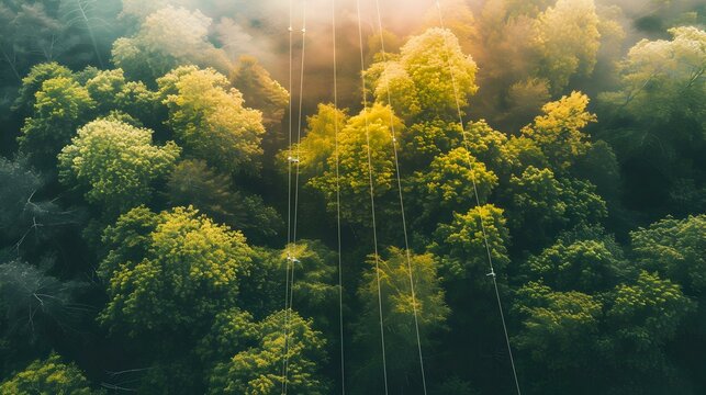 Aerial view of a lush forest with power lines cutting through the misty canopy, bathed in golden sunlight.