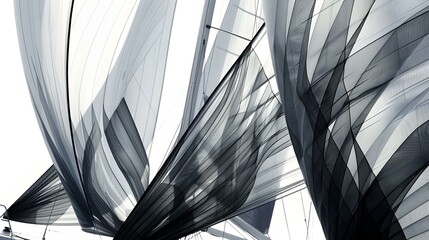 Abstract view of a sailboat's sails filled with wind, creating a dynamic composition of light and shadow against a bright sky.