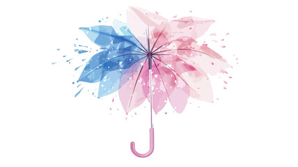 Fototapeta premium An illustration depicting a stylized umbrella rendered in a watercolor style. The umbrella's canopy is composed of soft pastel pink and blue hues, with a translucent, almost floral appearance. The
