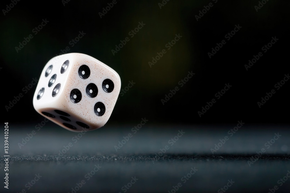 Poster close-up of dice roll showing sixes resting on solid black table with blurred edges for dramatic eff