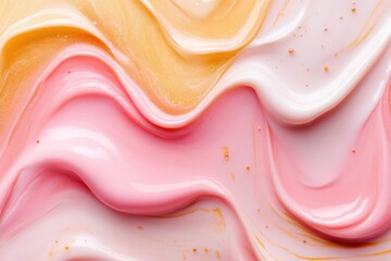 Abstract background featuring swirling pink peach and white cosmetic cream texture with shimmering golden particles