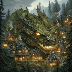Fototapeta premium A colossal green dragon looms over a small village at dusk