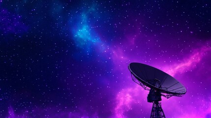 Satellite dish against a cosmic backdrop with vibrant color and stars illuminating the night sky