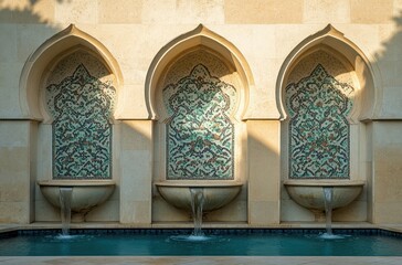 Obraz premium Ornate wall fountains with water feature, sunny outdoor setting