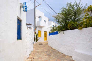 Cobblestone street in the Old Town (Chora) of Ano Koufonisi. Small Cyclades, Greece