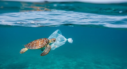Obraz premium Ocean Pollution: A Sea Turtle Entangled in Plastic