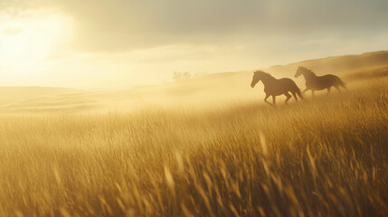 Obraz premium A dreamy, slow-motion scene of wild horses running through a field of tall grass, the soft light of dawn illuminating their path