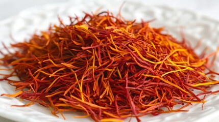 Fototapeta premium Bright and Vibrant Saffron Strands on Decorative White Plate