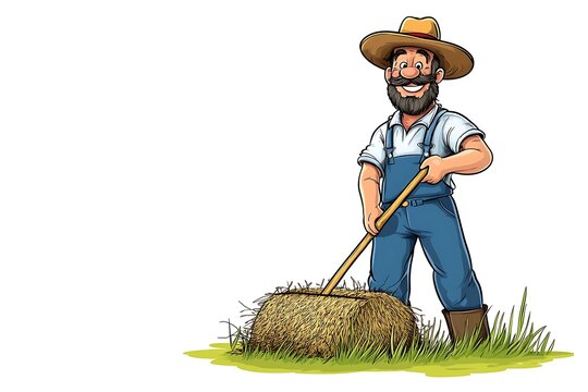 Happy farmer working hay bale in field, rural landscape