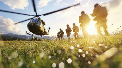 Soldiers approach helicopter during sunset, showcasing teamwork and bravery