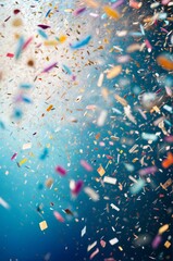 Colorful confetti falling on a holiday on a blue background