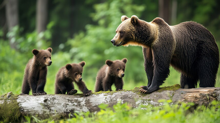 Obraz premium A mother bear standing protectively while her cubs chase each other around a fallen tree