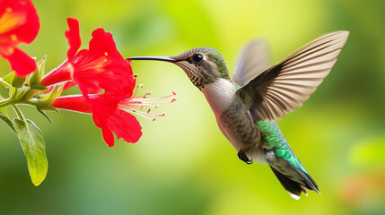 Fototapeta premium A vibrant ruby-throated hummingbird hovering mid-air as it sips nectar from a bright red flower