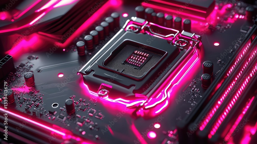 Poster close-up of a sleek computer motherboard with glowing components and intricate details, offering spa