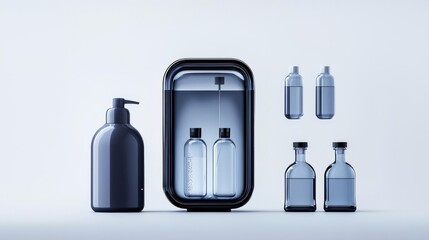 Fototapeta premium Modern bottles and dispenser in a minimalist design on a clean background, ideal for showcasing beverage concepts.