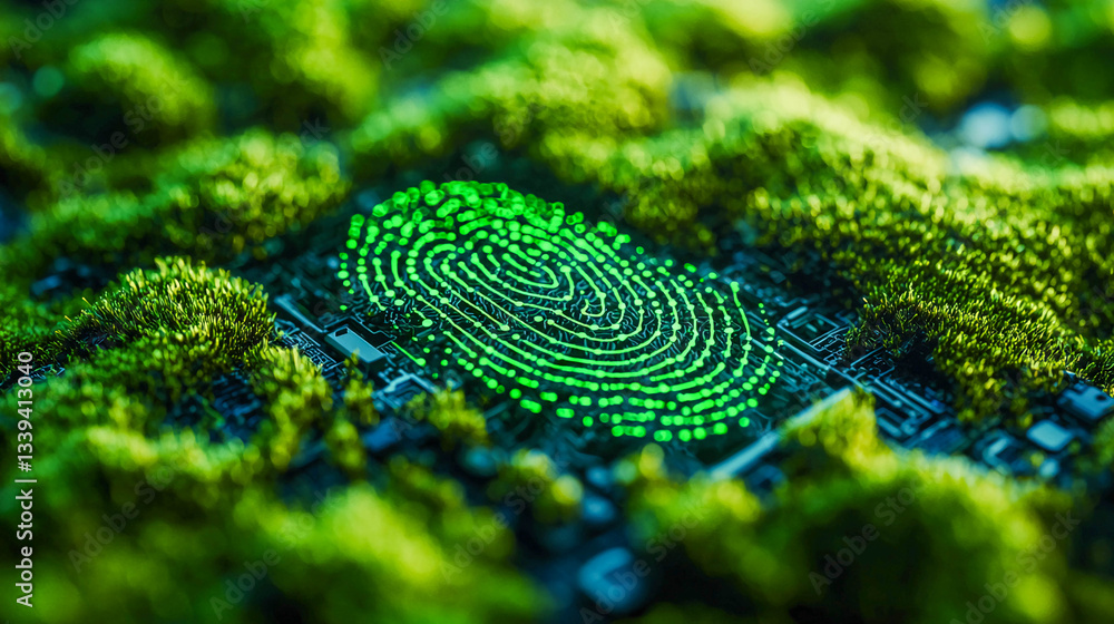 Poster a glowing green fingerprint placed against the background of an electronic circuit. moss or grass gr