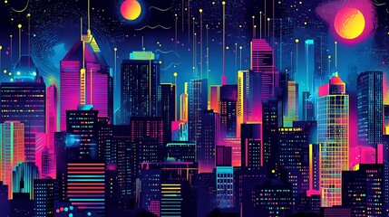 Abstract patterns urban nightlife with neon colors, ideal for city culture guides or nightlife apps