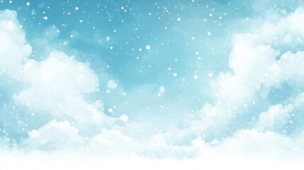 Fluffy white snowflakes descend slowly through a clear sky filled with soft, light blue clouds on a tranquil winter day. The scene captures a peaceful winter ambiance