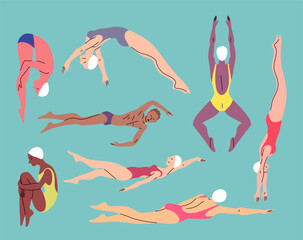 Cartoon Color Characters People Professional Swimmers Concept Flat Design Style. Vector illustration of Jumpers into Pool