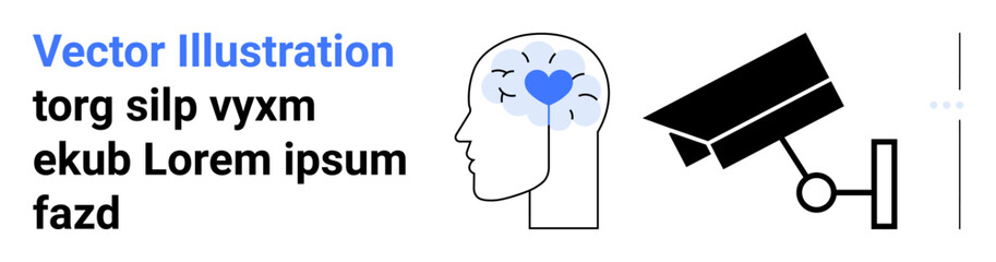 Human profile with heart-brain graphic and a graduation cap placed on a surveillance camera. Ideal for education, mental health, innovation, security, technology, growth, learning, simple landing