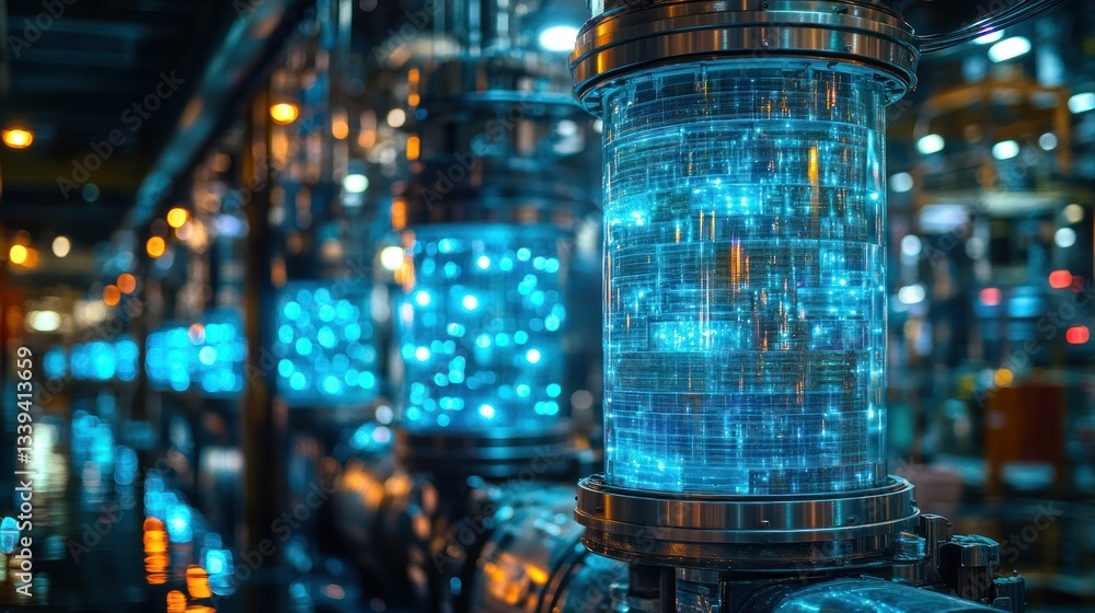Poster advanced industrial processing cylinder with glowing internal display
