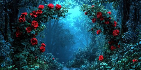 Red roses bloom on arbors forming an enchanting forest path