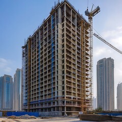 Fototapeta premium Building construction high rise scaffolding safety netting high resolution picture