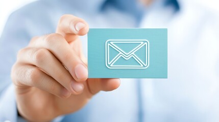 Closeup of hand holding business card with email icon, digital communication and networking