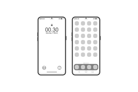 Mobile phone touch screen line icon vector design template of locked screen and menu screen.