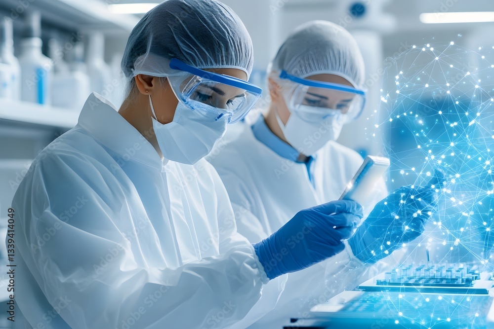 Poster cutting edge genetic research and biotech science experiments in futuristic laboratory setting