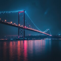 Fototapeta premium Dramatic Suspension Bridge at Night Reflecting City Lights on Water Surface with Dark Sky and Moody Atmosphere