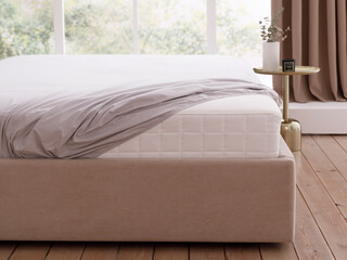 Bedroom with wooden floor and double bed with white mattress and fitted sheet stretched over it. Corner of the mattress is visible. Next to the bed bedside table. Front view photo. Suitable for mockup