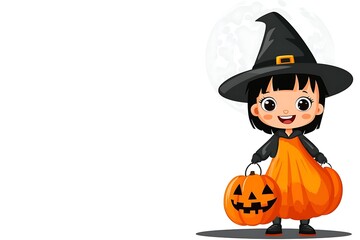 Fototapeta premium Happy girl in witch costume, carrying pumpkins, Halloween night, moonlit background, greeting card