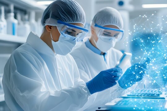 Cutting Edge Genetic Research and Biotech Science Experiments in Futuristic Laboratory Setting - Powered by Adobe