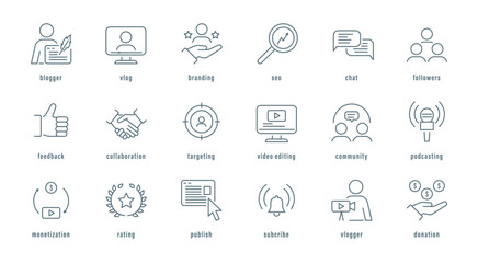 Blogging Concept Media and Communication Sign Black Thin Line Icon Set. Vector illustration of Vlog, Feedback and Collaboration Icons