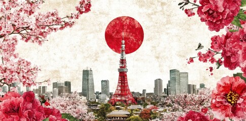 Illustration showing city skyline with red flowers and a red circle