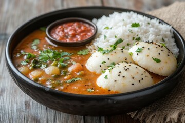 Authentic South Indian Idli Sambar with Rice and Tomato Chutney in Dark Bowl on Rustic Wooden Tabletop Delicious Vegetarian Cuisine